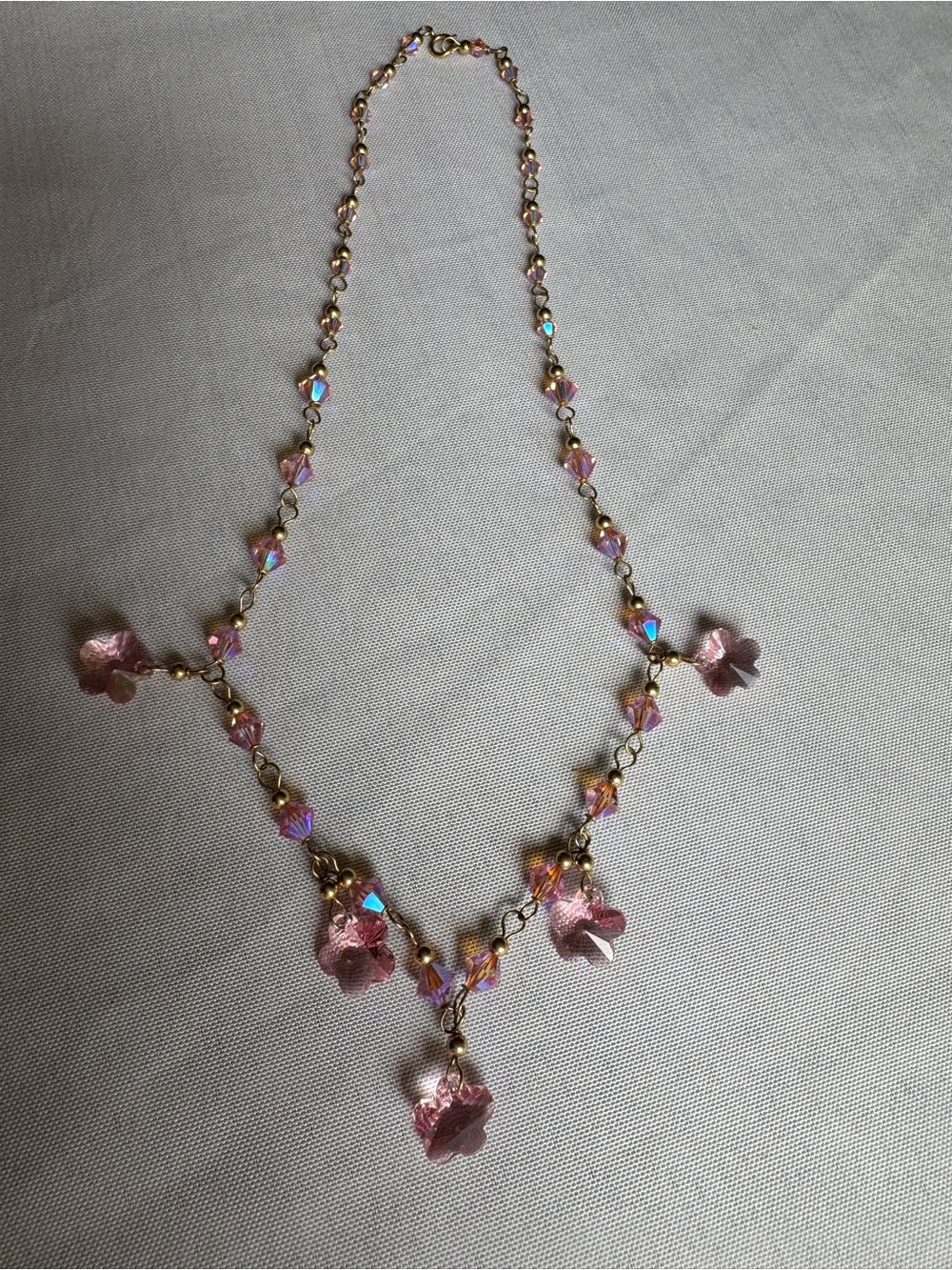 14K Gold Filled Pink Aurora Borealis Crystal Necklace - Floral Drop Design